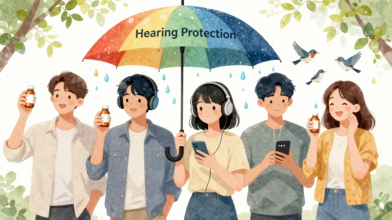 People protected by an umbrella of hearing safety, with melting medication bottles and calming sound therapy tools.