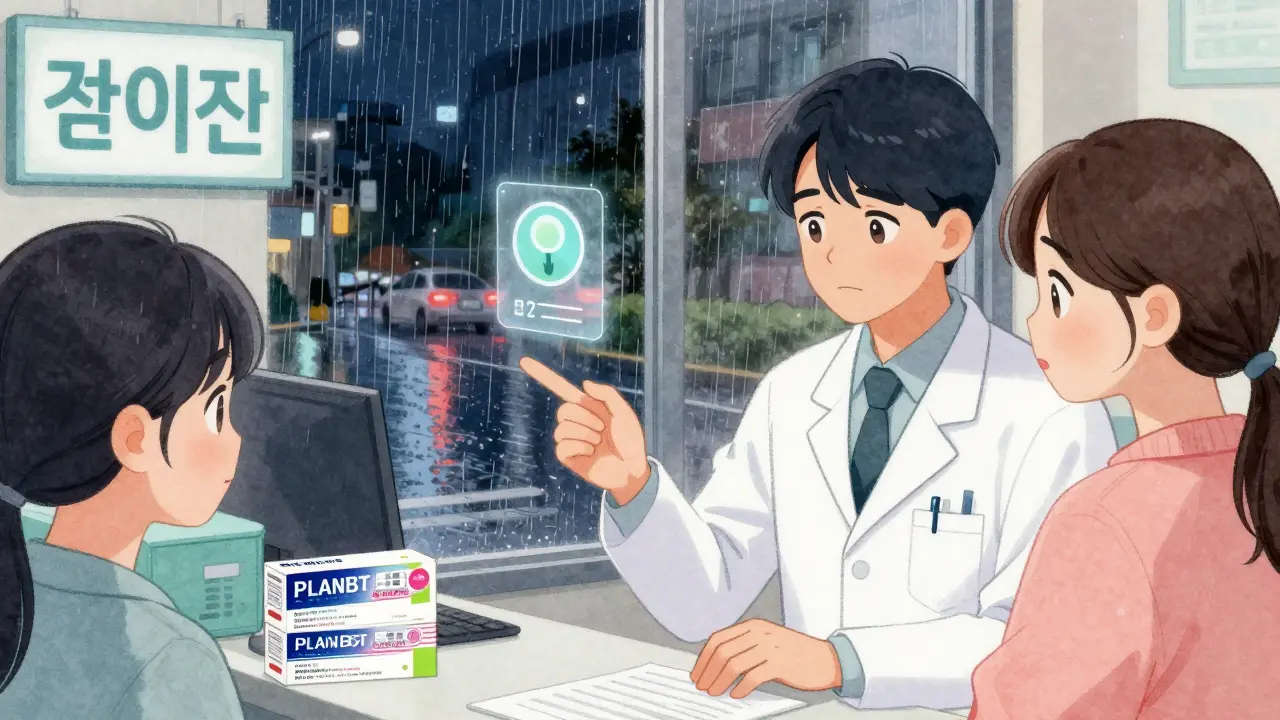Pharmacist explains Plan B to a teen at night, with emergency contraception box on counter and rain outside.