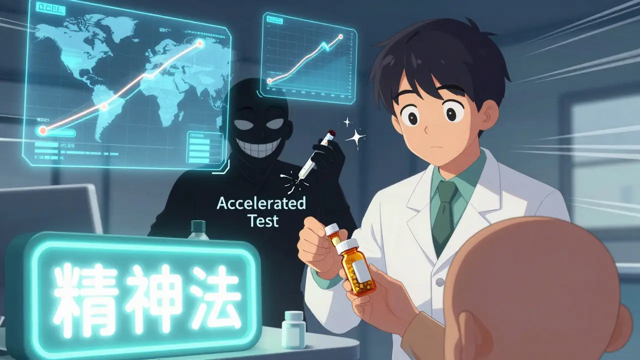 Pharmacist giving medication while shadowy accelerated test figure looms and AI shows climate impact.