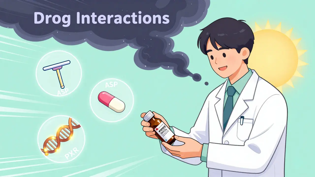 Pharmacist swaps carbamazepine for safer alternative as dark interactions fade and sunrise appears.