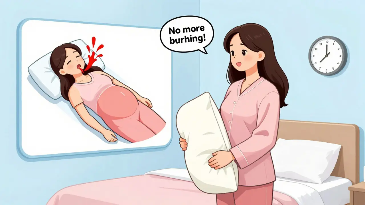 Pregnant woman using a wedge pillow to reduce heartburn, with visual comparison of acid reflux before and after.