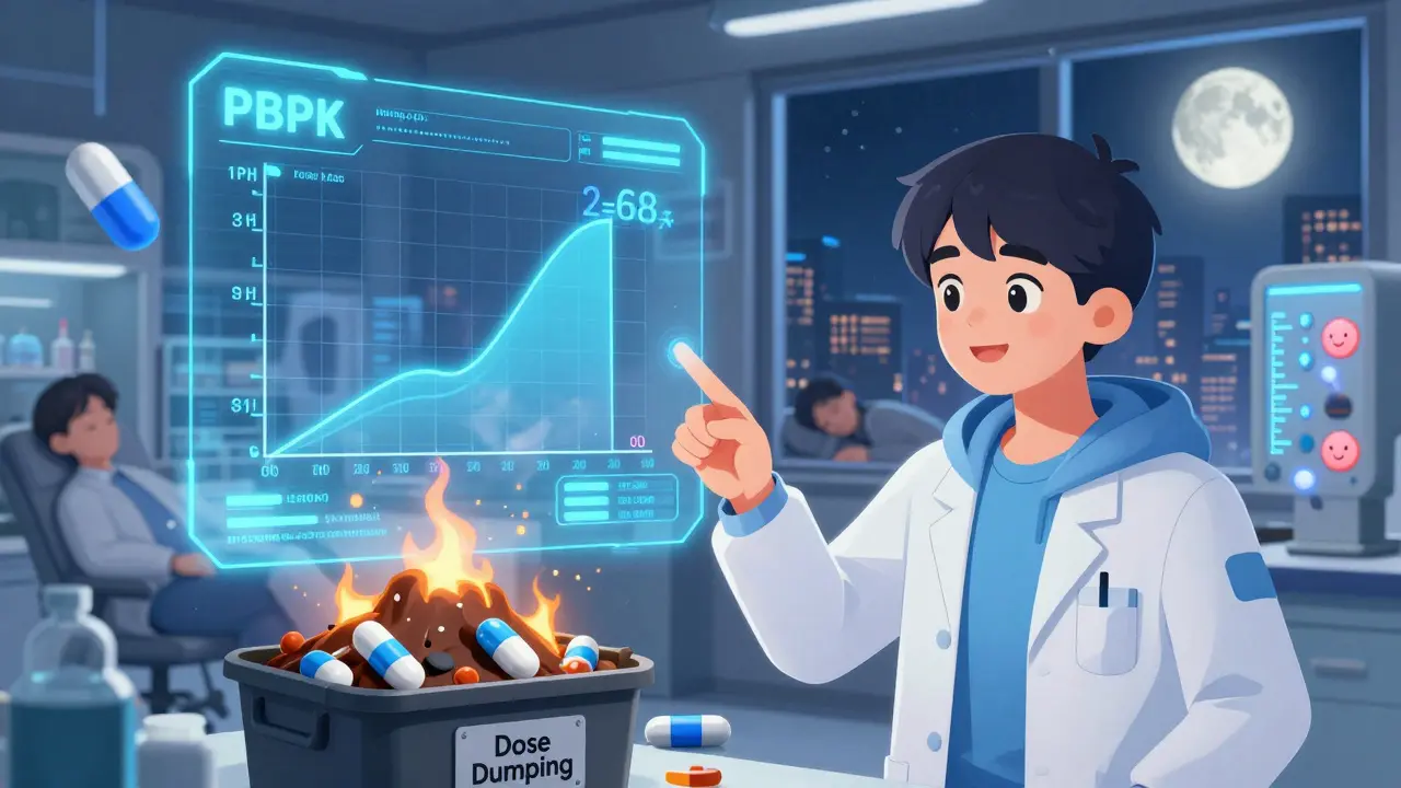 Scientist in lab pointing at perfect dissolution curve, failed pills burning in background, neon holograms glowing.