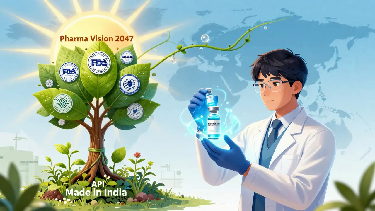 Scientists holding glowing biosimilar vials as a tree of self-sufficient API plants grows under a rising sun.