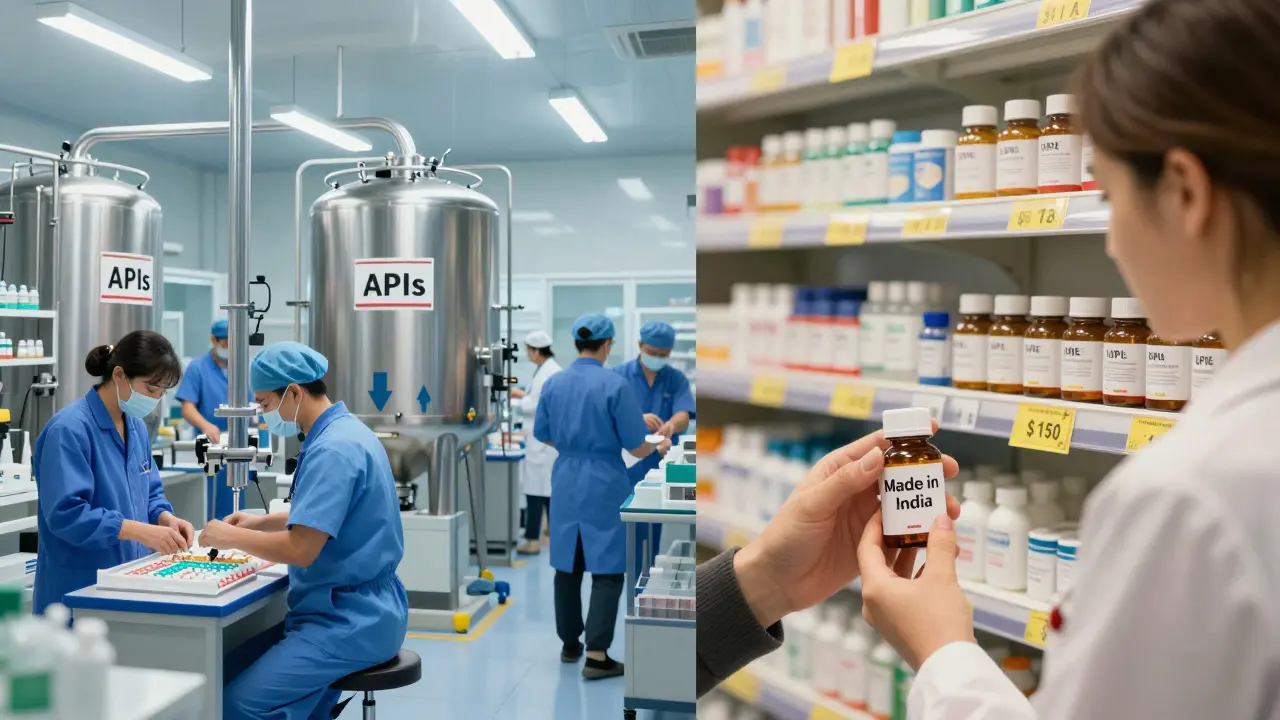 Split scene: Indian drug plant on left, U.S. pharmacy on right, showing low-cost pills from India.