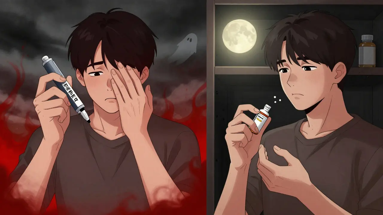 Split scene: one side shows fear over an expired EpiPen, the other shows safe use of an old ibuprofen tablet in a dark closet.