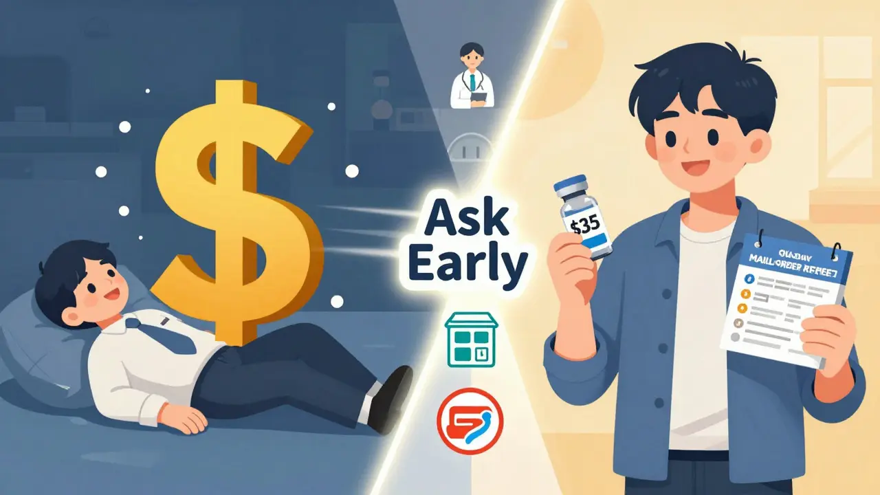 Split scene: person crushed by drug costs vs. person empowered by affordable options and payment plans.