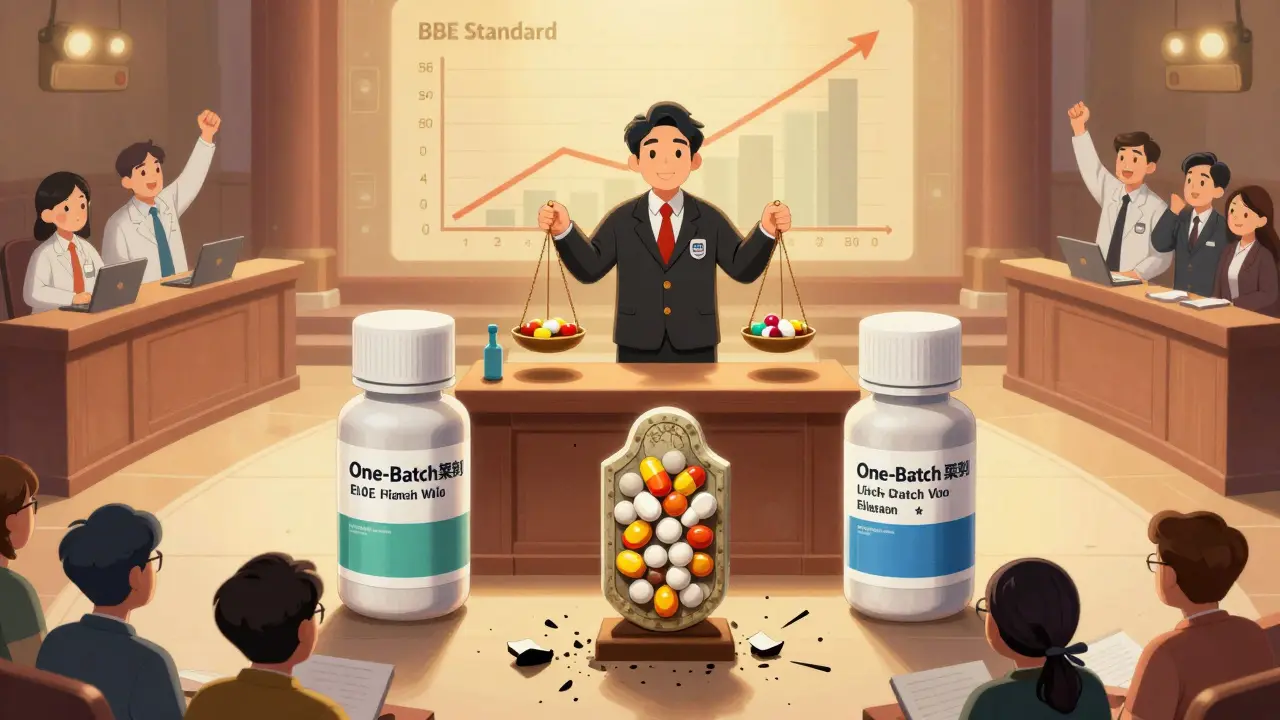 Three pill batches testifying in court against an outdated rule, as a scale balances them under a rising 'BBE Standard' graph.