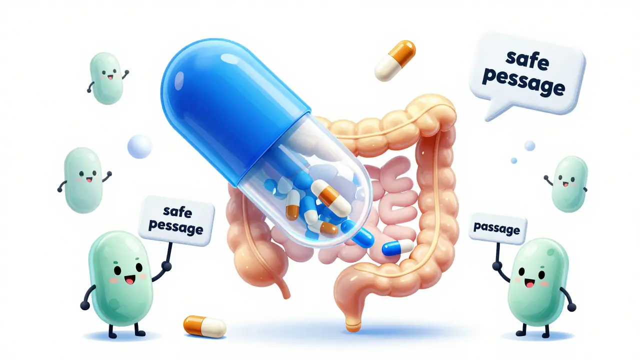 Time-release fiber capsule safely passing through intestines without interfering with medications.