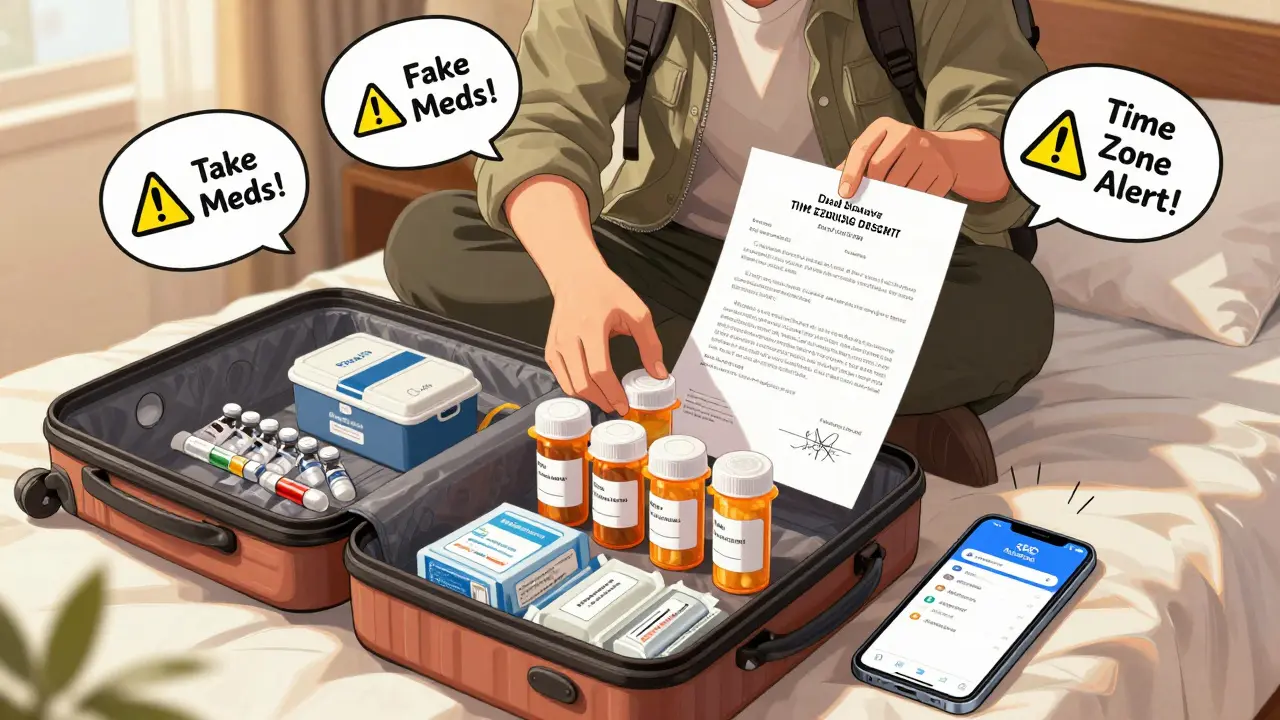 Traveler organizing prescription bottles and insulin cooler in hotel room with doctor’s letter and app open