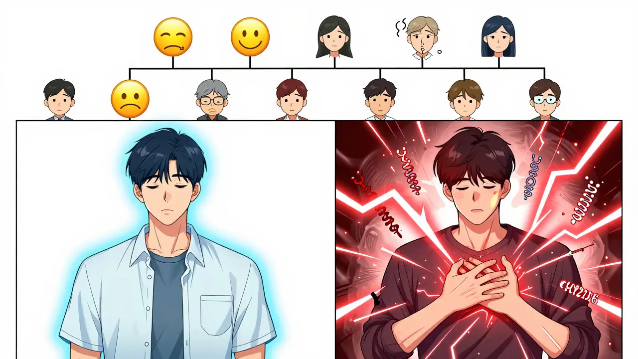 Two people reacting differently to the same generic pill, with gene symbols showing biological differences.