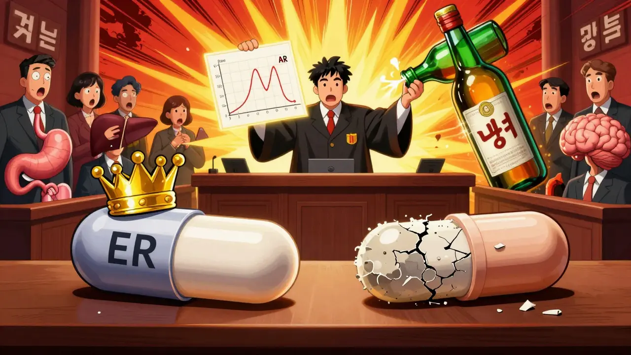 Two pills on trial in a courtroom, with alcohol bottle looming and anatomical jury reacting to partial AUC graph.