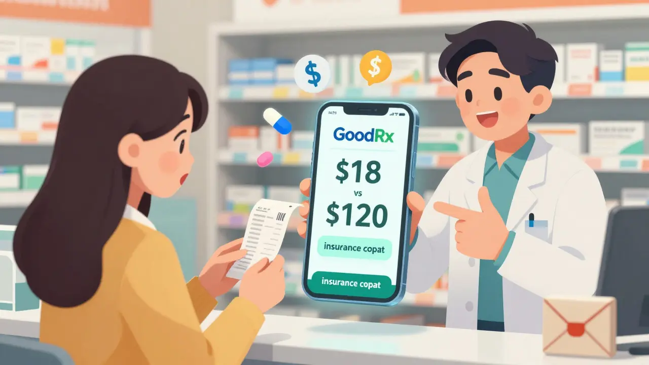 Woman at pharmacy comparing insurance copay with lower GoodRx cash price on smartphone.