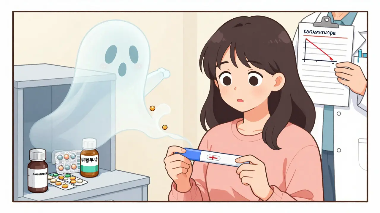 Woman holding positive pregnancy test while birth control pills dissolve into smoke beside carbamazepine bottle.