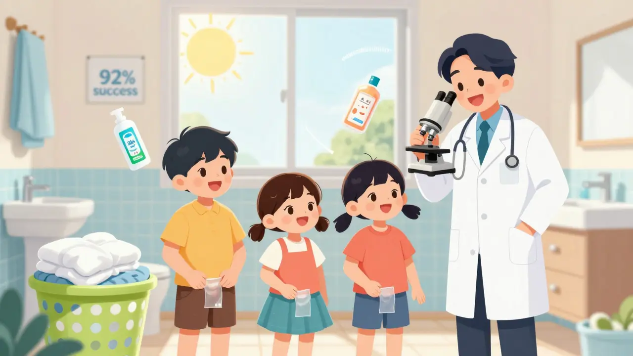 A family uses tape tests for pinworms while a doctor shows eggs under a microscope, with clean laundry everywhere.