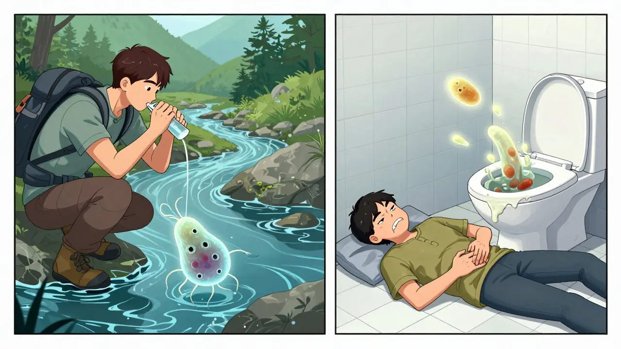 A hiker drinks contaminated water, then suffers stomach pain as Giardia cysts float visibly in the scene.