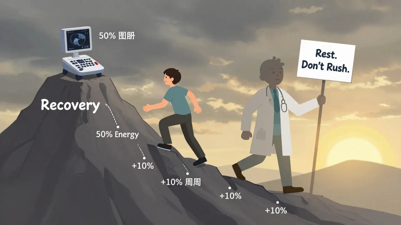 A person climbing a recovery mountain with pacing milestones, an ultrasound at the top, and a doctor's warning sign.