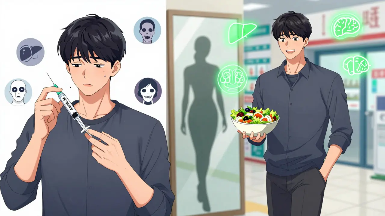 A person transitions from anxiety with a GLP-1 injection to health and confidence months later.