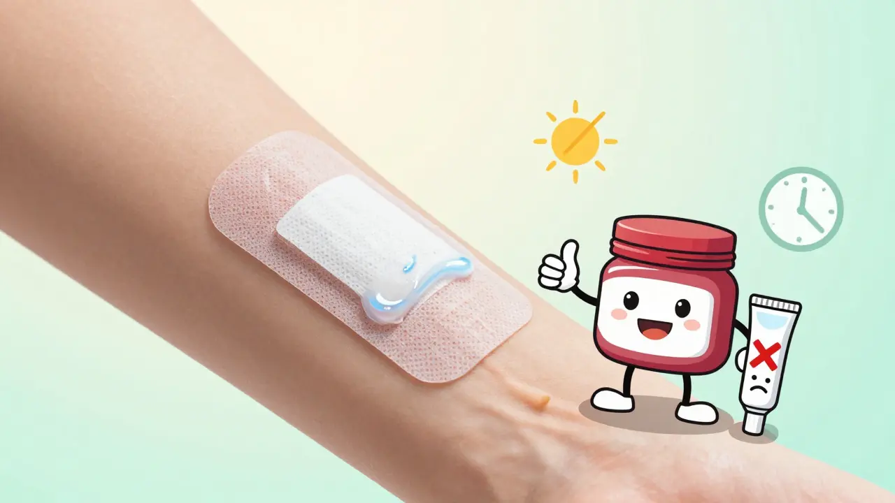 A wound covered with a transparent dressing, petroleum jelly smiling beside a rejected antibiotic tube, in soft pastel tones.