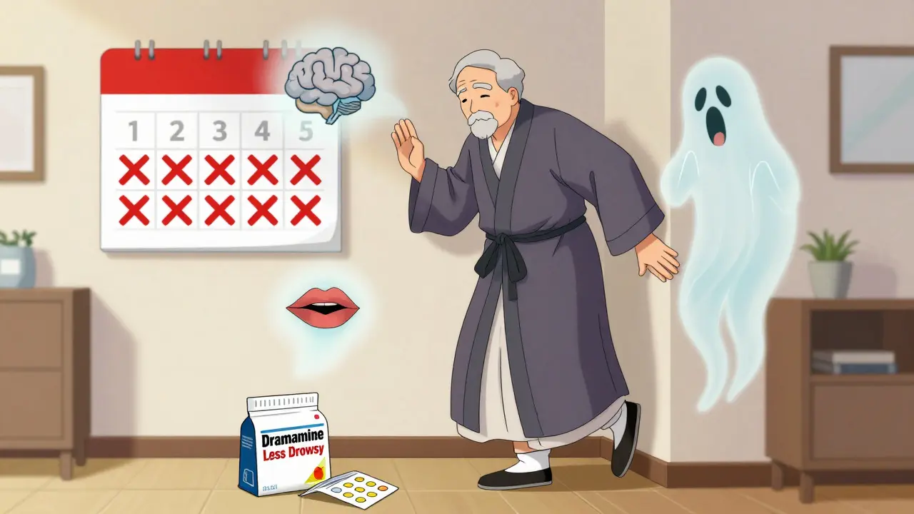 An elderly man struggling to balance as symbolic health risks hover around him, showing dangers of long-term meclizine use.