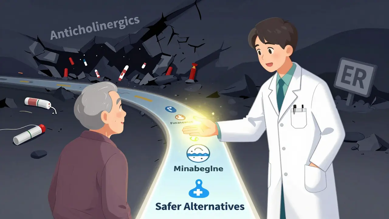 An elderly patient walking toward safe treatment options guided by a doctor, leaving behind a collapsing path of dangerous medications.