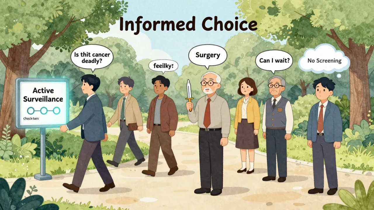 Diverse group of men choosing different prostate cancer paths in a park, each with labeled options and thoughtful expressions.