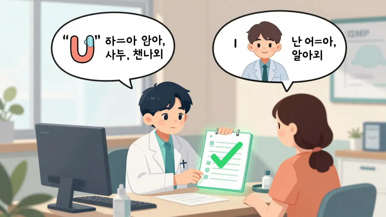 Doctor taping error-prone abbreviations list to desk as patient chart glows with safety checkmark.