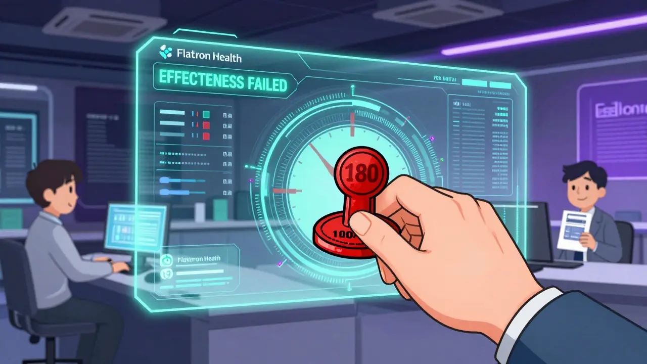 FDA analysts monitor real-time patient data on holograms as a 180-day deadline stamp is stamped down.