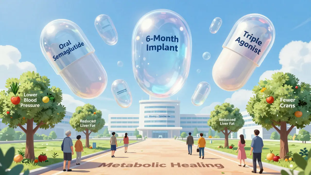 Giant next-gen GLP-1 pills float in the sky as people walk a path toward metabolic healing.