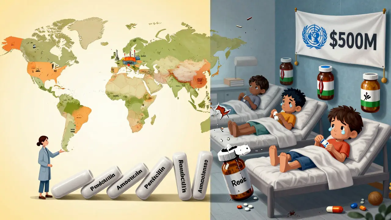 Global map showing antibiotic production vs. shortages, with falling medicine bottles and suffering children