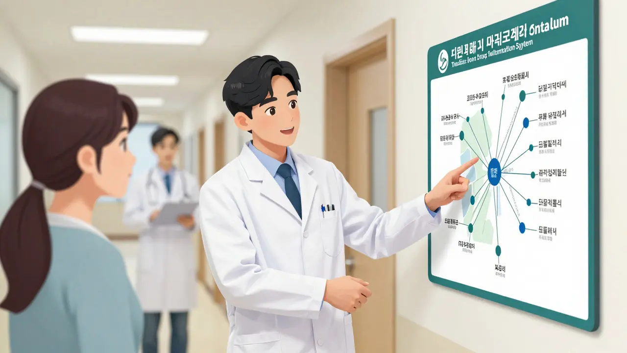 Pharmacist explains drug tracking system to patient as doctor and pharmacist collaborate on safe prescribing.