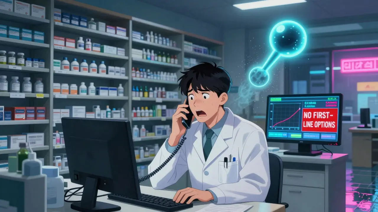 Pharmacist in hospital at night surrounded by empty shelves and rising resistance data on screen