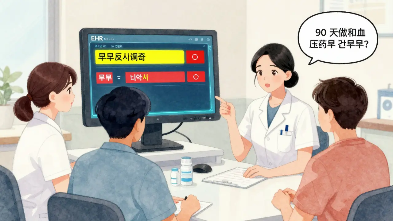 Pharmacy team reviews EHR alerts for early refill requests while educating a patient about safe medication use.