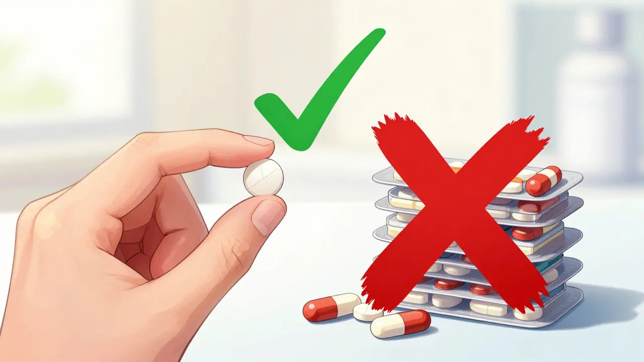 Single generic pill with checkmark versus brand-name pills with X symbol.
