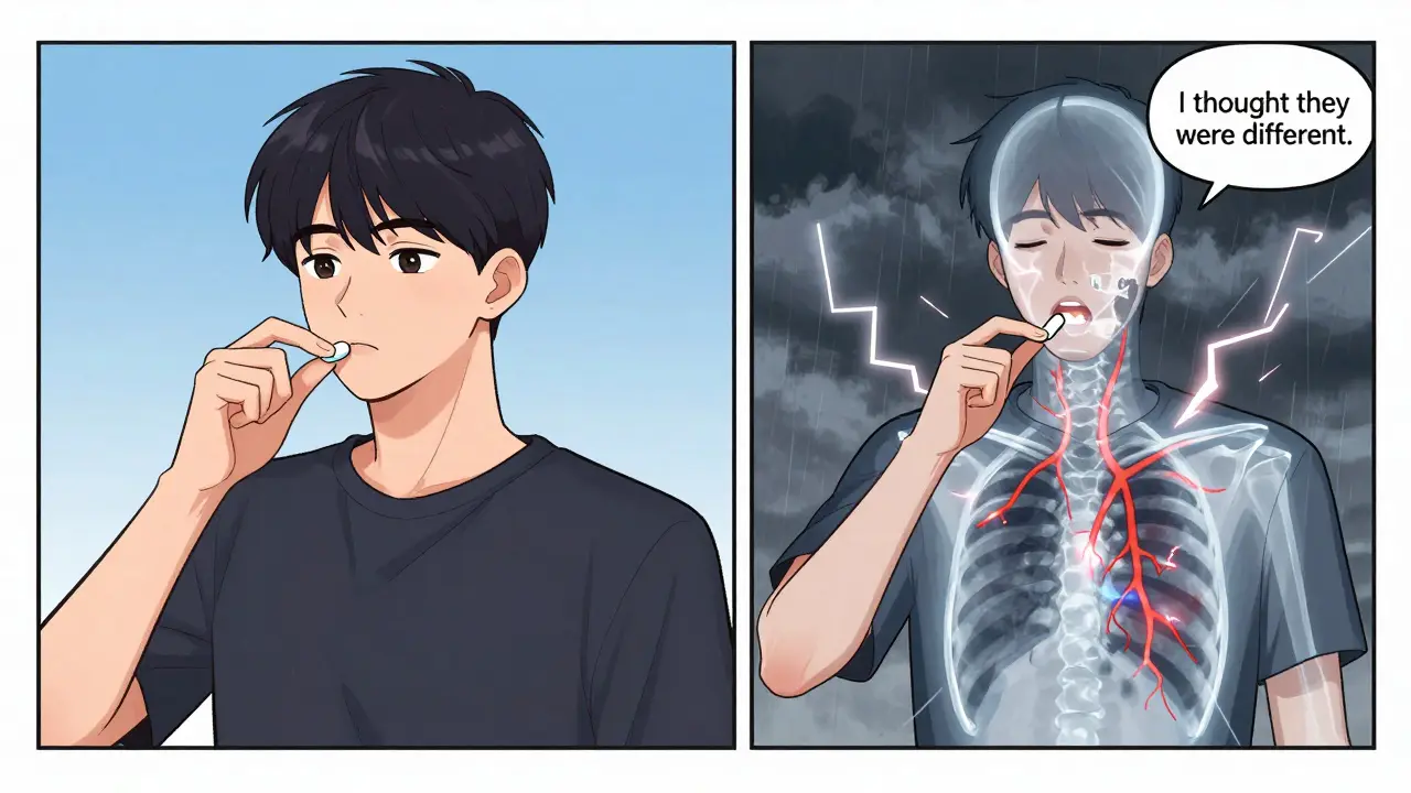 Split illustration: one person taking a single safe pill with calm sky, another taking dangerous combo pills under stormy conditions.