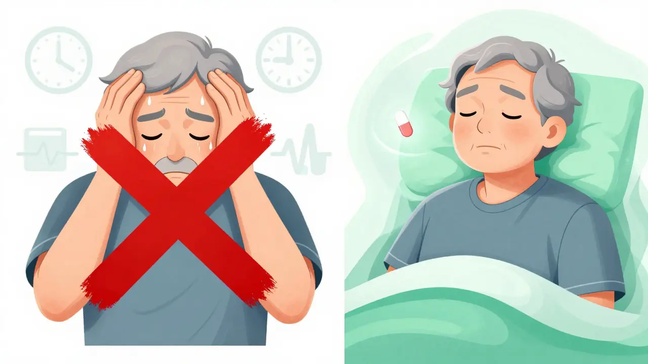 Split scene: an elderly patient suffering from restlessness due to metoclopramide vs. calm after switching to olanzapine.