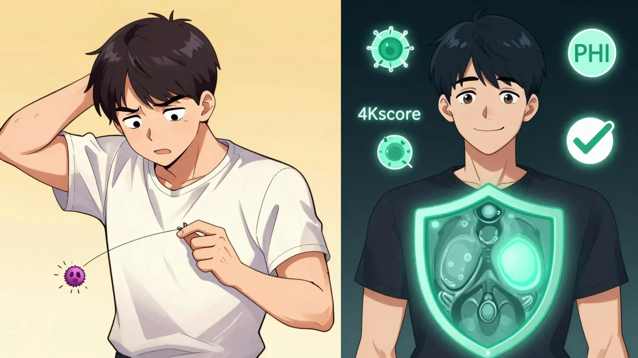 Split scene: man experiencing biopsy on one side, smiling after clean MRI on the other, with biomarker icons.