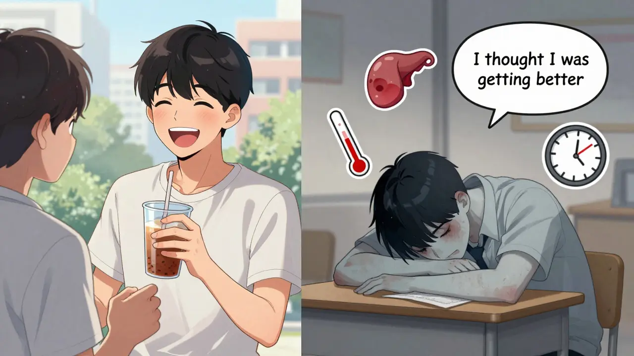 Split scene showing a person sharing a drink then later exhausted at a desk with medical symbols floating around them.