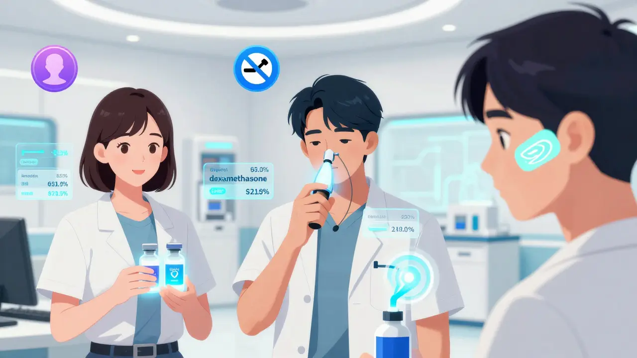 Three patients receiving personalized antiemetic treatments based on risk factors, with glowing drugs and data streams.