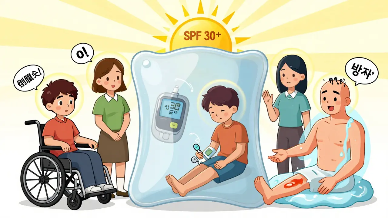 Three people with different wounds each protected by healing symbols, a silicone sheet shield, and sun protection in webtoon style.