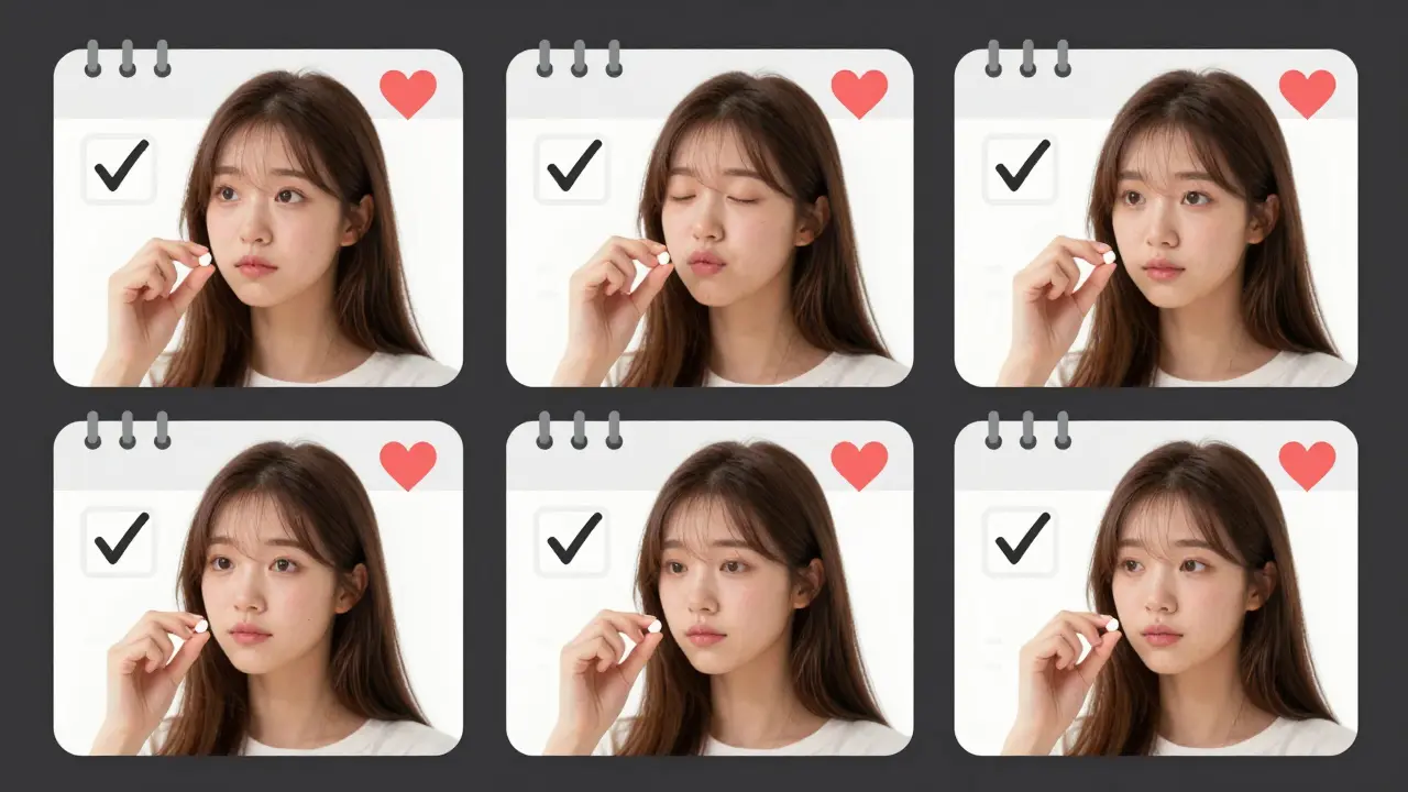 Woman taking daily pill with calendar checkmarks and rising heart icon.