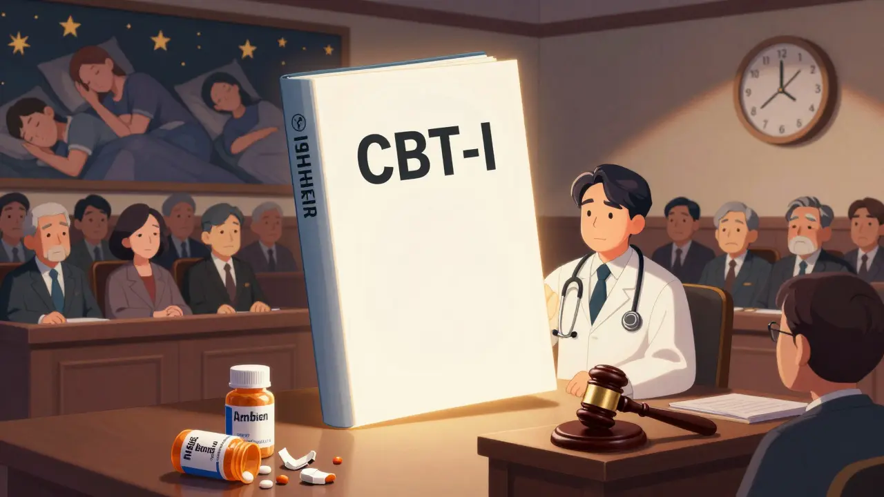 A courtroom where a CBT-I book stands as the hero, defeating broken pill bottles under a sunrise mural.
