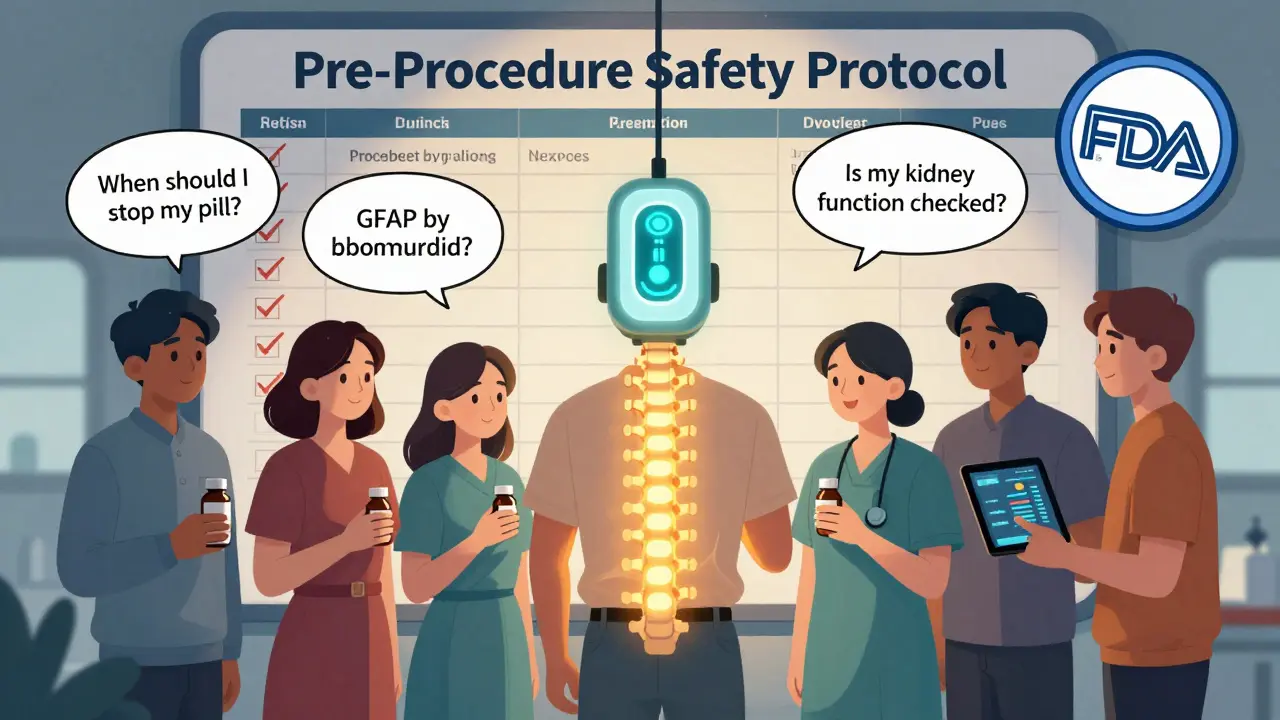 A group of patients reviewing a safety checklist with a glowing biomarker sensor above their spines, symbolizing modern prevention in vibrant webtoon style.