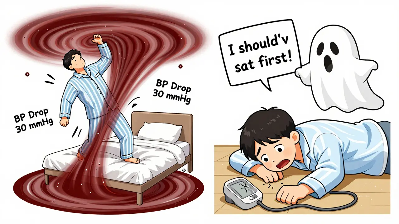 A man fainting after standing too fast at night, with a swirling vortex symbolizing a sudden blood pressure drop.