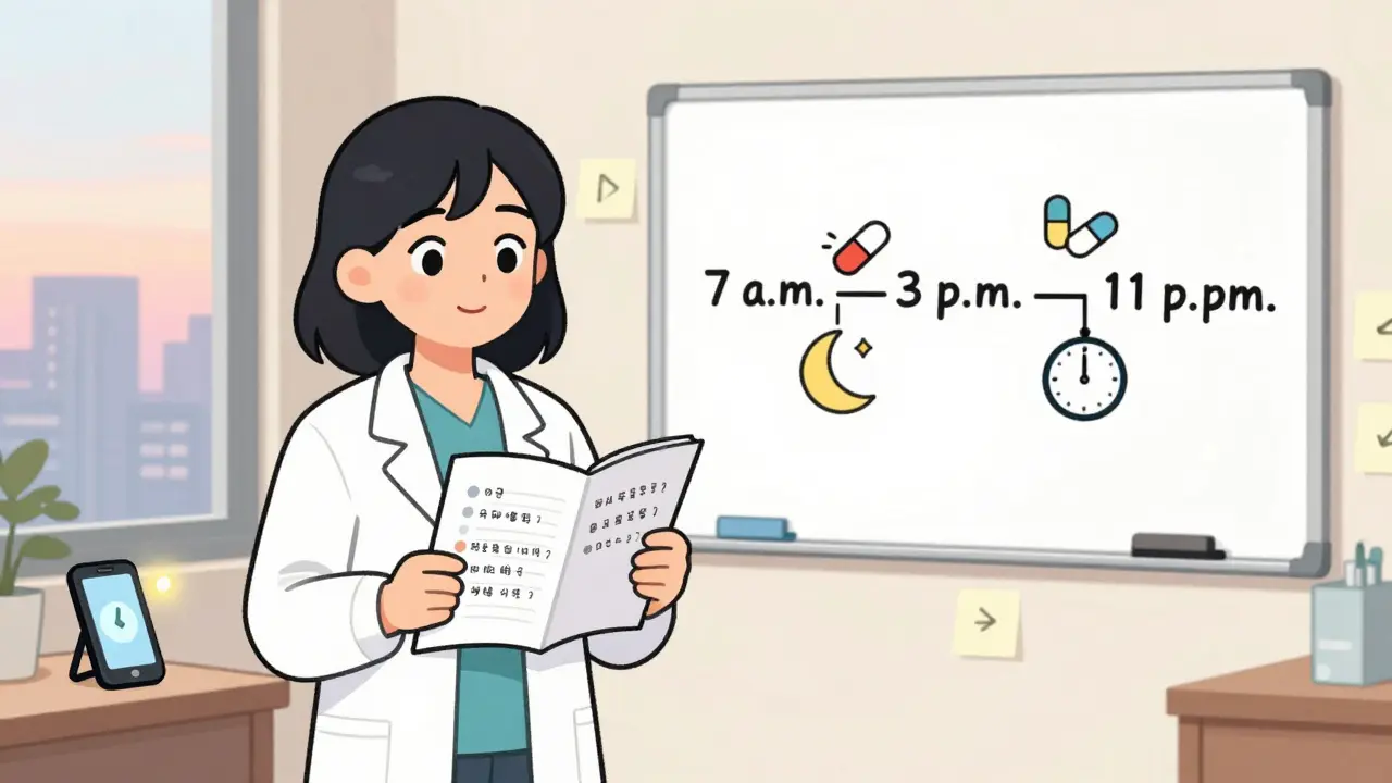 A patient and doctor use a whiteboard to clearly map out medication timing with simple icons and visual cues.