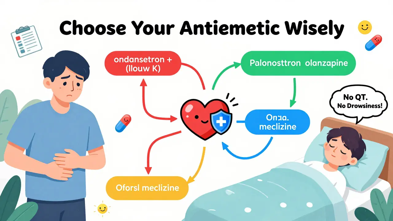 A whimsical flowchart guiding patients from nausea to safe antiemetic choices, with red danger paths and green safe routes ending in peaceful rest.