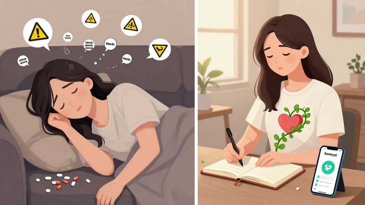 A woman torn between chaotic pill use and calm CBT-I journaling, shown in split-screen with growing green vines.