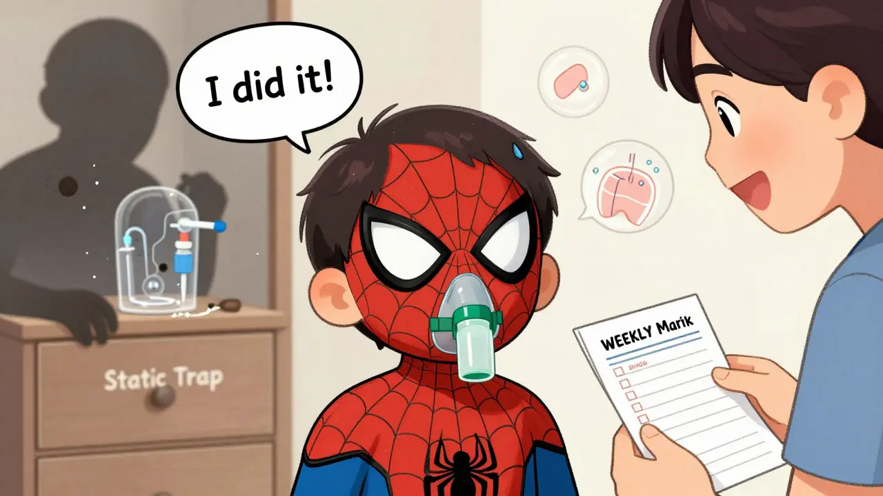 Child wearing a themed mask with spacer, breathing easily, while a dusty spacer sits unused in the background.