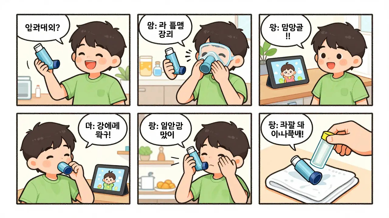 Comic-style sequence showing the 8-step process of using an asthma inhaler with spacer for a child.