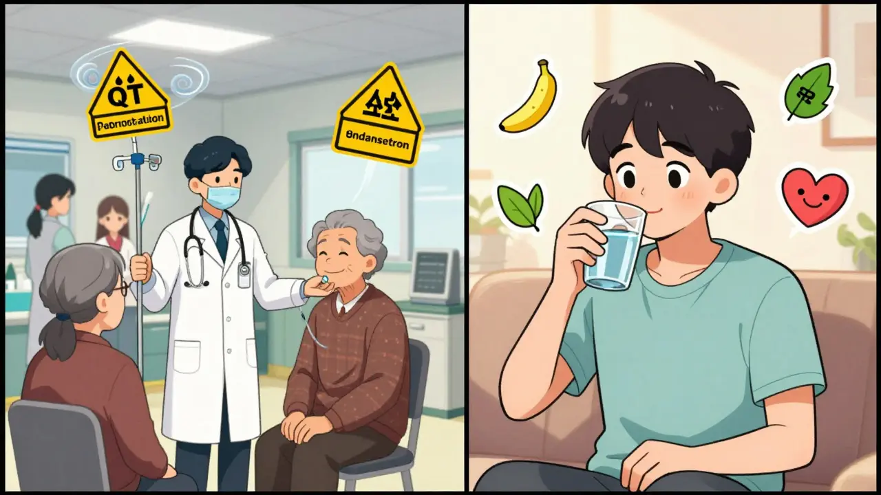 Contrasting ER scene with risky IV ondansetron versus a calm home setting with safe palonosetron, highlighted by hazard signs and protective icons.