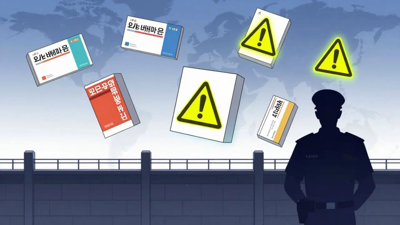 Customs inspection scene with restricted medicines